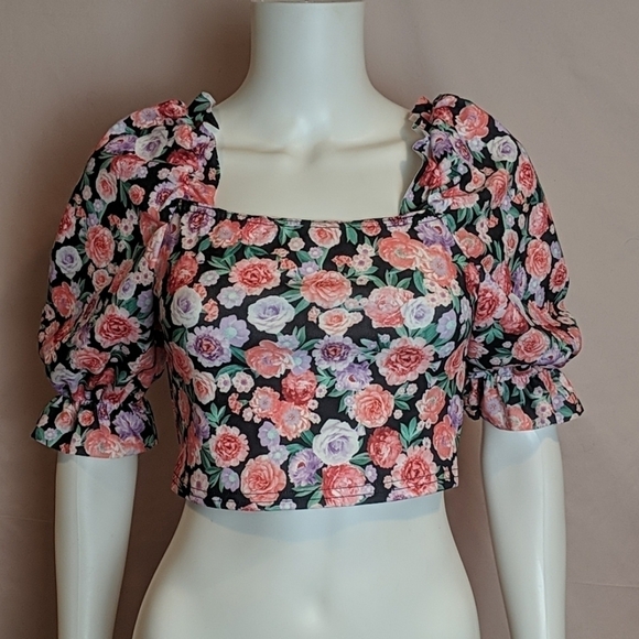Nasty Gal Put On A Grow Floral Square Neck Crop Top In Pink Size 6 - Picture 1 of 6